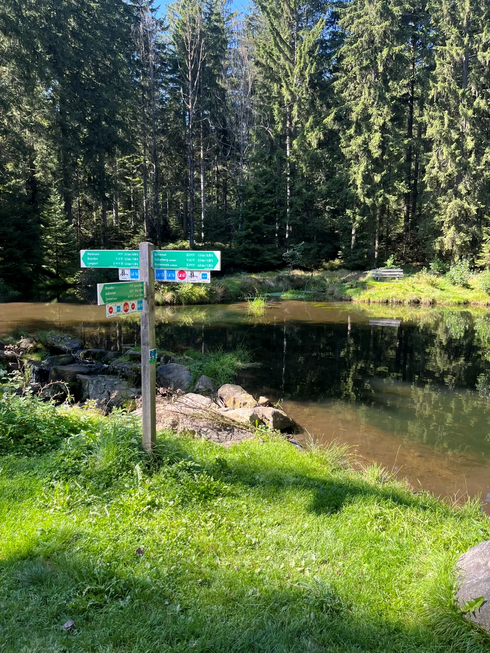 Wanderwegweiser an einem Waldweiher im Bayerischen Wald
